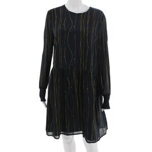 Y.A.S Women A-Line Shift Dress Dark Blue Striped Long Sleeve Round Neck Size L